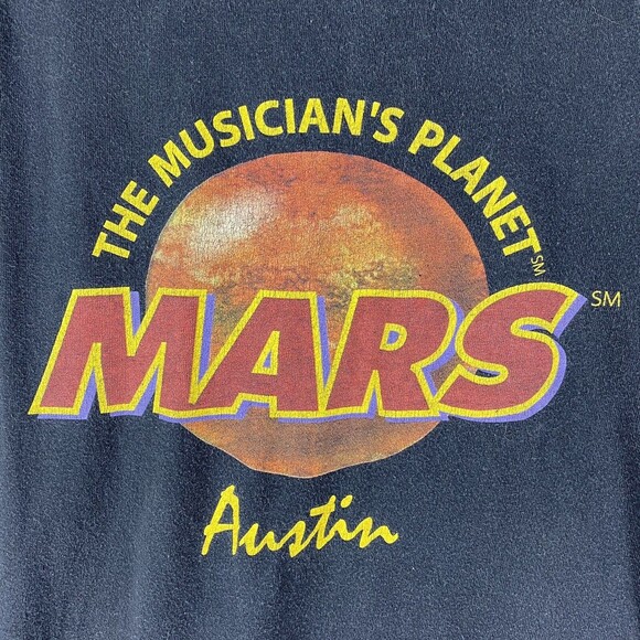 Vintage Mars Musicians Planet Shirt Mens Size L Black Music Store‎ Tee 90s Faded - Picture 10 of 15
